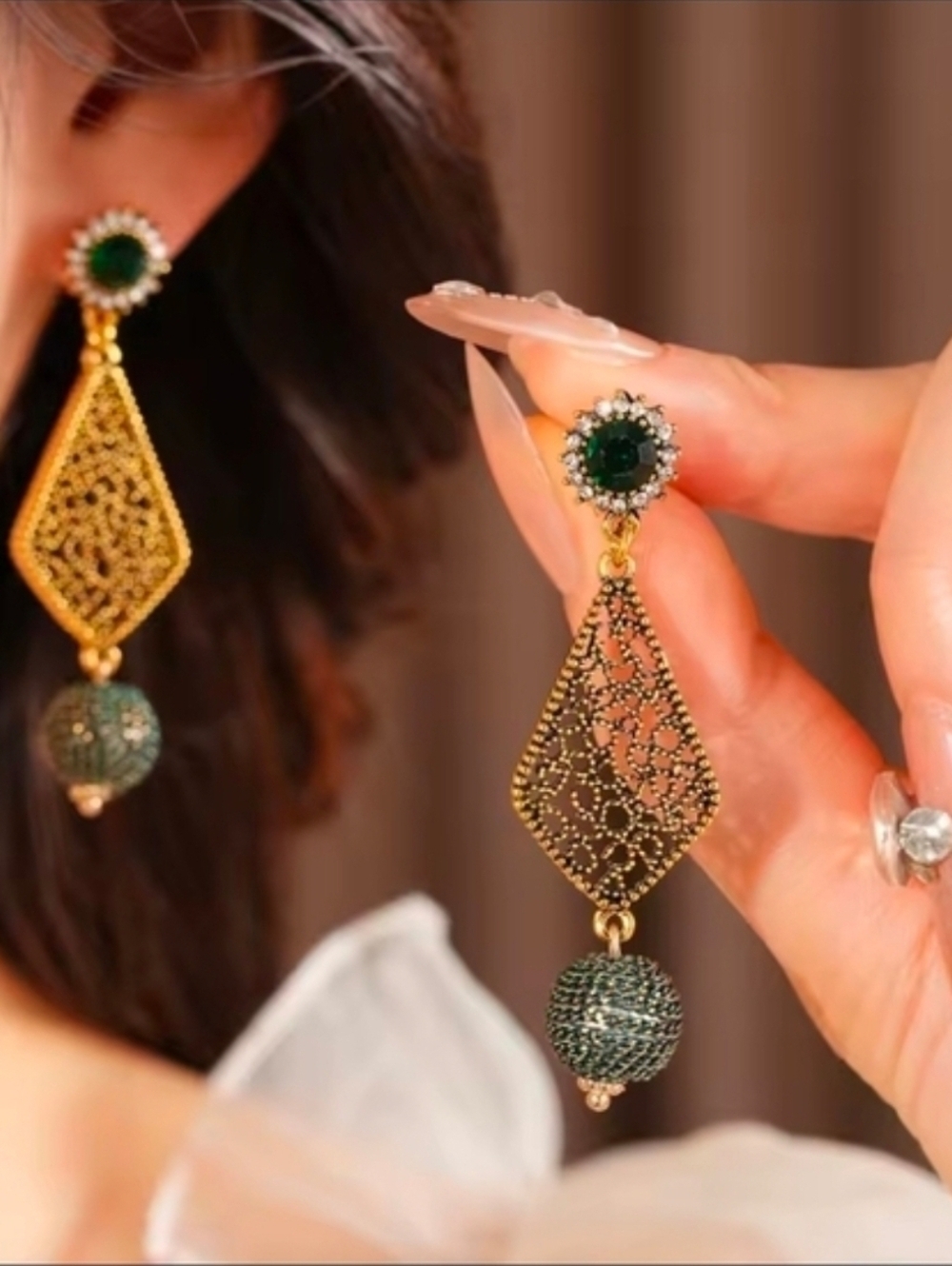 Gold color Filigree Drop Earrings with Deep Green Accents - Picture 2 of 6